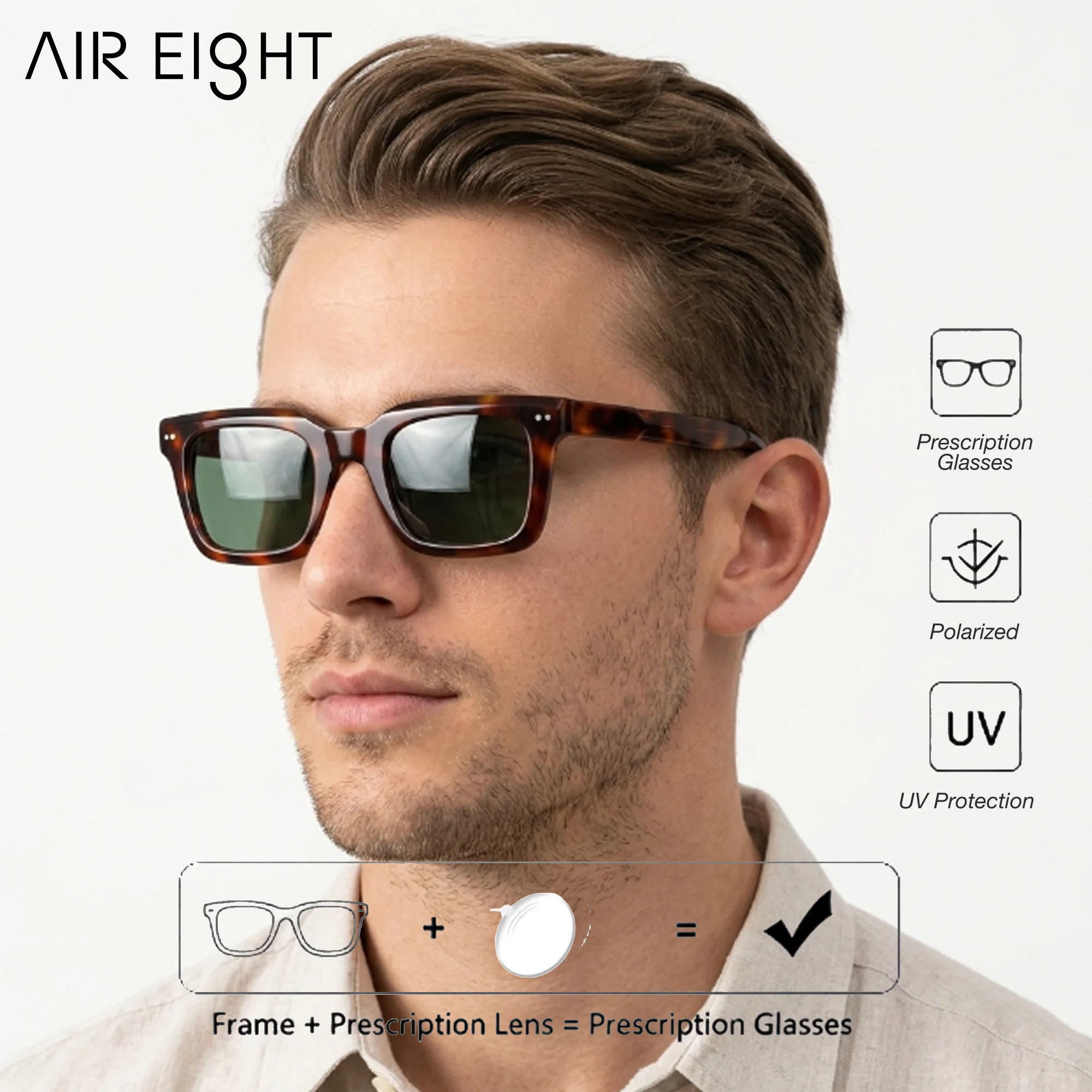 AIR EIGHT L Size Square Acetate For Men Prescription Sunglasses Polarized UV400 Progressive Lenses Driving Eyewear
