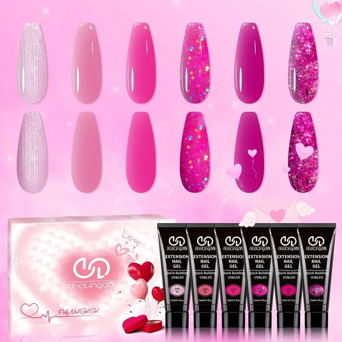 

Набор для наращивания ногтей Poly Extension Gel Kit - 6 цветов, включая нюдовые оттенки, с гелем-строительом и топ-покрытием, а также формами для наращивания.