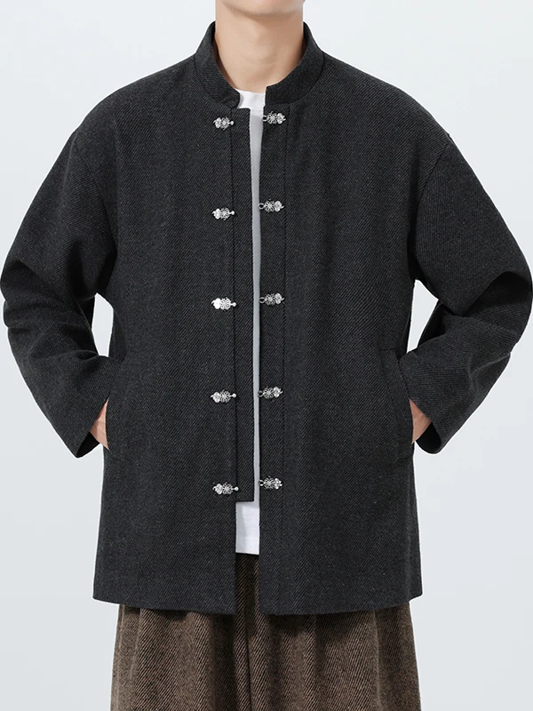 جديد الصينية Sle تانغ دعوى الرجال الخريف الشتاء الصوفية Jaet فضفاضة الوقوف طوق Zhongan معطف زر حتى طويل Sve ملابس خارجية