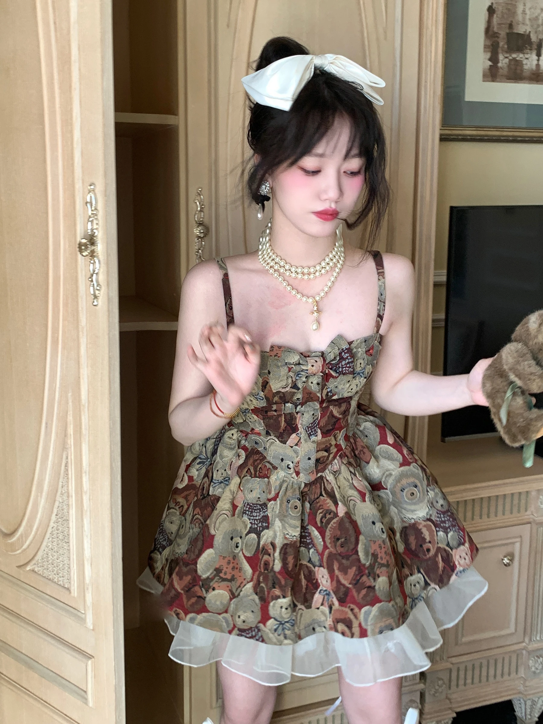 Japanese Style Bear Print Princess Dress for Women Fashion Retro High Waist Slim Fit Cute Short Girl Above Knee Sling Dress