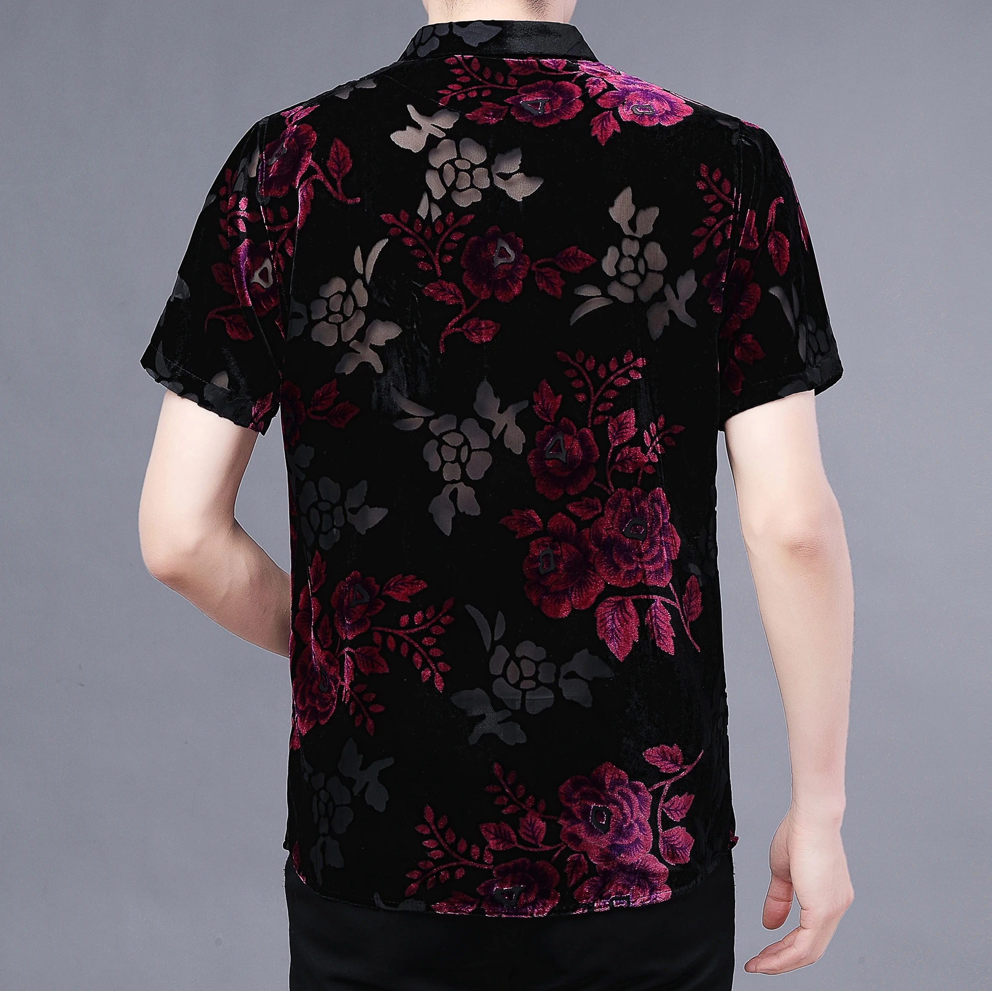 Mens Sexy Transparent Tops Summer & Spring Hollow Out Flowers Shirts Night Club Male See Through Silk Velvet  Dress Shirt