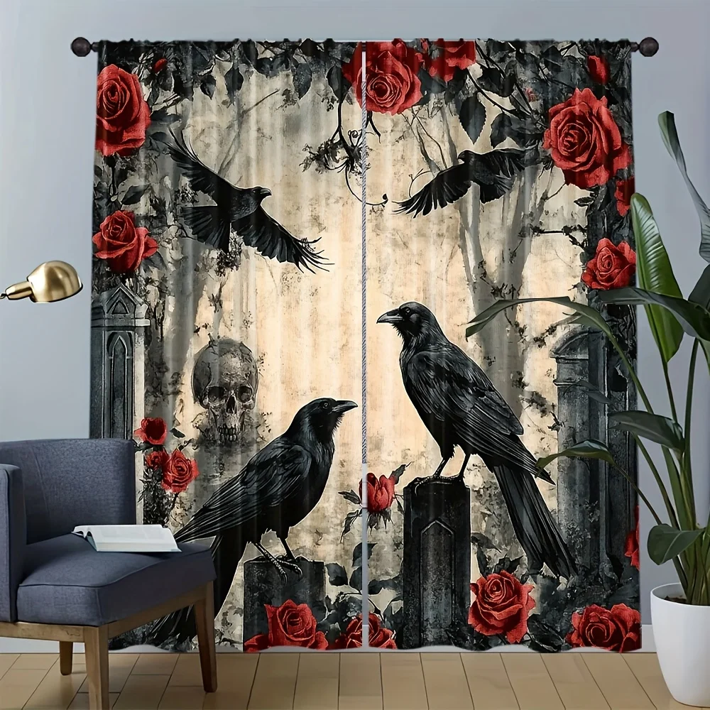 2pcs Gothic Style Print Curtains Crow Raven Red Rose Skull Design Dark Romantic Polyester Window Drapes for Living Room Bedroom