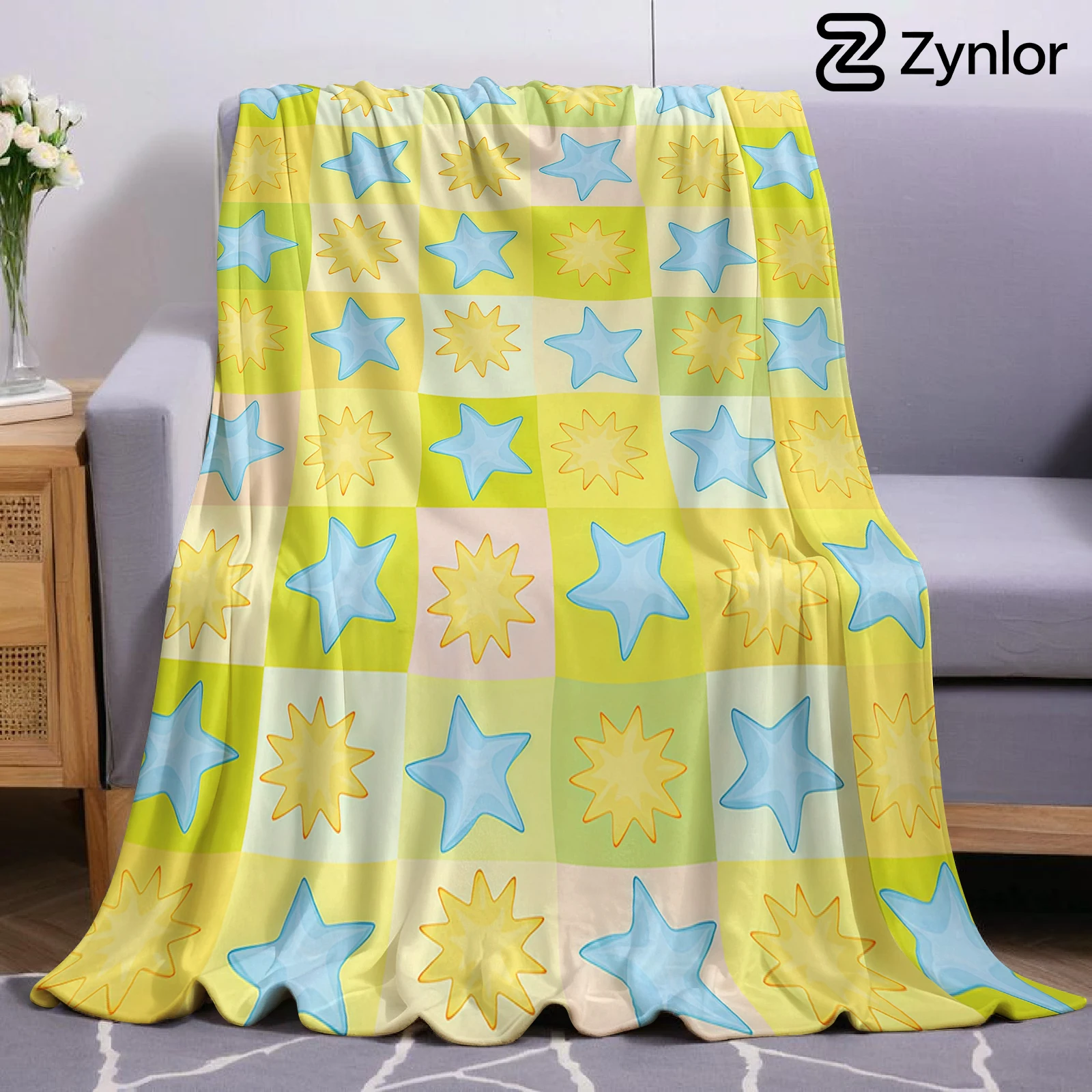 Pastel Star Grid Lightweight Microfiber Soft Christmas Fleece Blanket Warm Cozy Throw for Bed Sofa Office Travel All Season