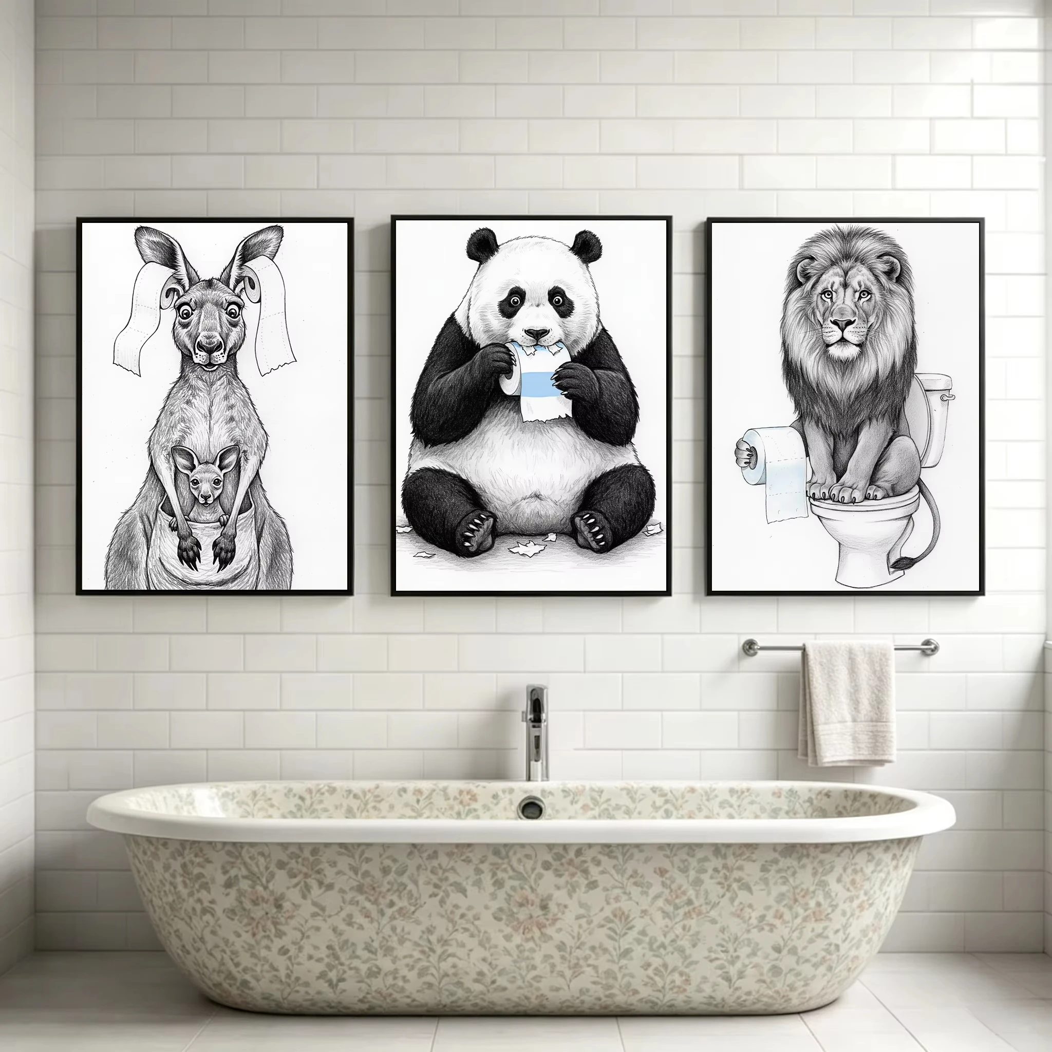 Humorous Black White Animal Bathroom Poster Kangaroo, Lion, Elephant, Panda, Zebra, Giraffe Canvas Art for Home Bathroom Decor