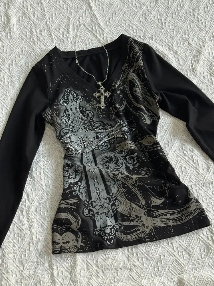 القوطية الأمريكية الجرونج سليم مثير خمر Harajuku الإبداعية طباعة القمم المتمردين ايمو فتاة شخصية الاتجاه كم طويل تي شيرت #3