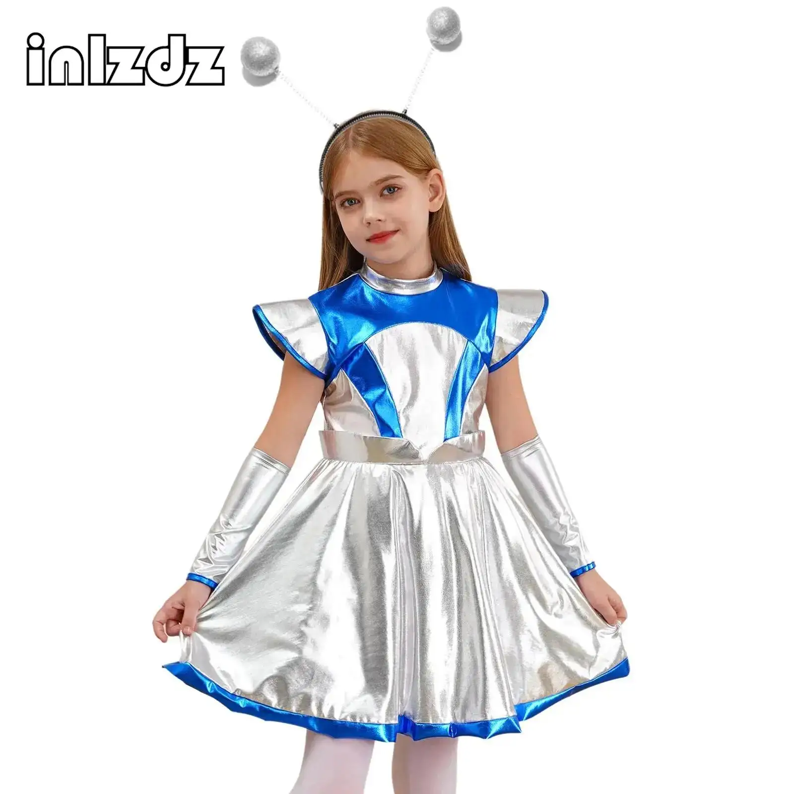 

Kids Girls Halloween Alien Astronaut Cosplay Costume Fly Sleeve Shiny Metallic Party Tutu Dress with Arm Sleevee Hair Hoop Set
