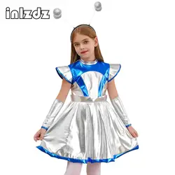 Girls Halloween Alien Astronaut Cosplay Costume Fly Sleeve Shiny Metallic Party Tutu Dress with Arm Sleevee Hair Hoop Set