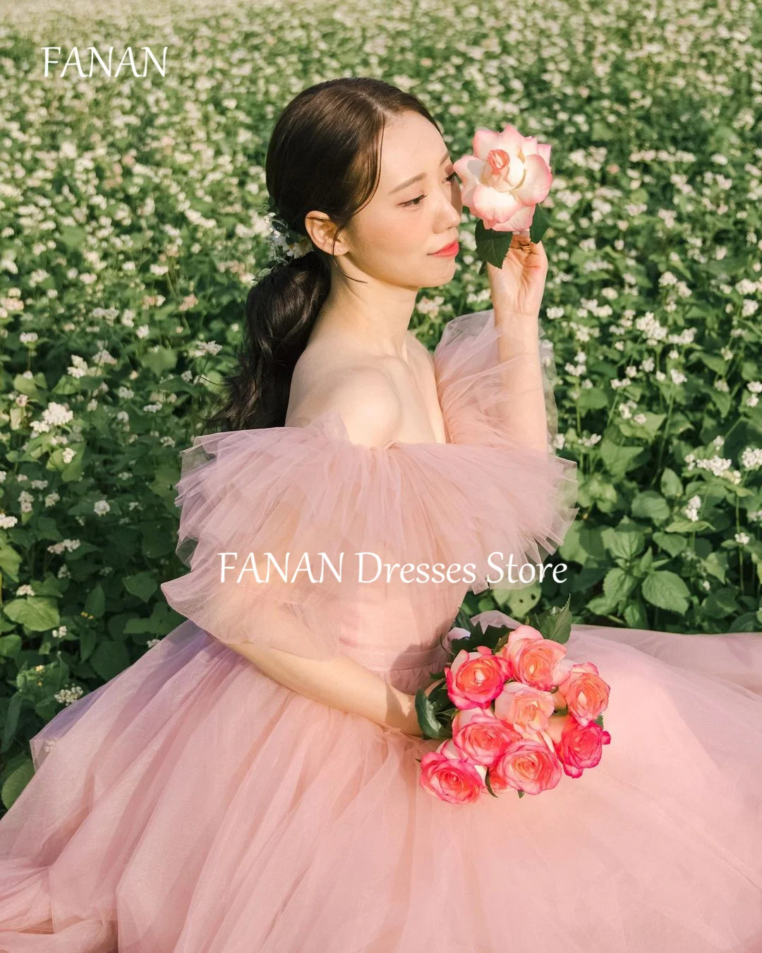 FANAN Ruffles Tulle  Evening Party Dresses Korea Princess Off Shoulder Customized Wedding Women Formal Gowns Event Prom Gowns