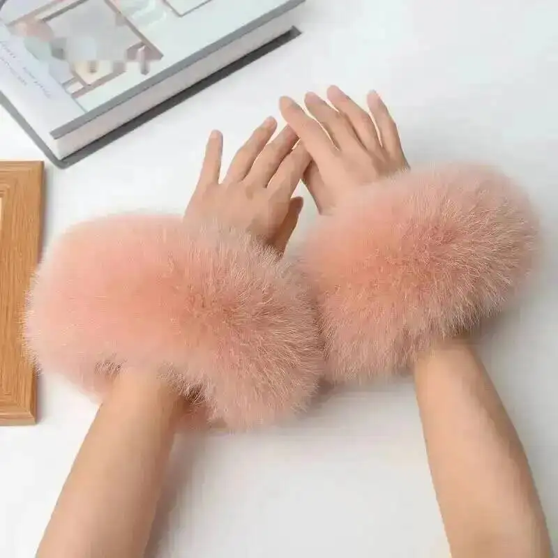Women 100% Real Fox Fur Wrist Cuffs Winter Warmer White Arm Warmers Covers Luxury Natural Fashion Lady Detachable Sleeves