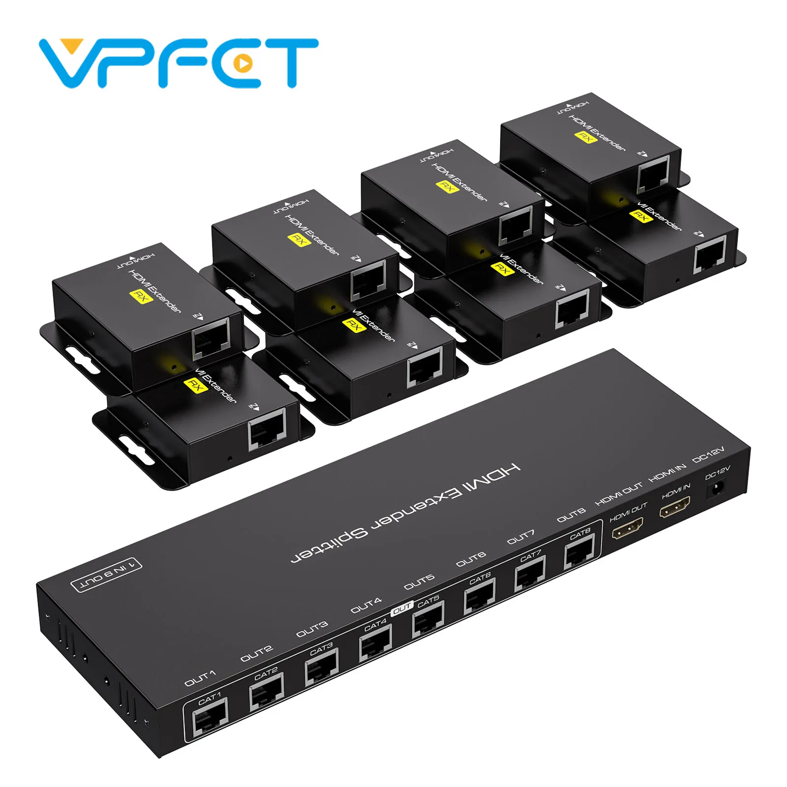 

8 Port HDMI Extender Splitter 1 in 8 Out Over Cat6/7 Ethernet Up to 50 m / 165 ft with 1 HDMI Loop Out Support 1080P @ 60Hz EDID