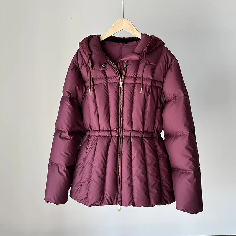 

2025 Fashion Winter Women's Down Jacket Slim Fit Strap Striped Hoodie 90 White Duck Down Jacket