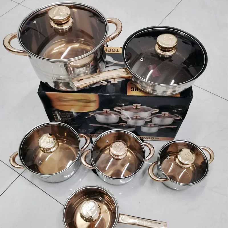 6PCS Set Pot Pan 201 Stainless Steel Gold Handle Cooking Pot Cookware Set Non Stick Free Shipping