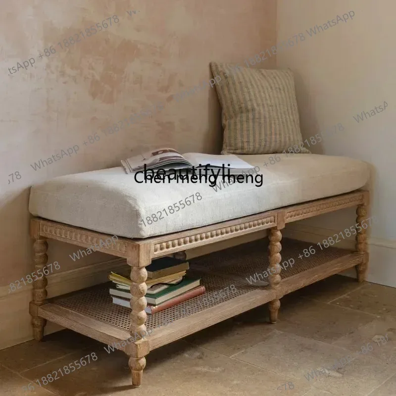 LHY26 ss New style NN American retro solid wood French door-to-door long bench bedroom multi-function bed stool soft cushion rem