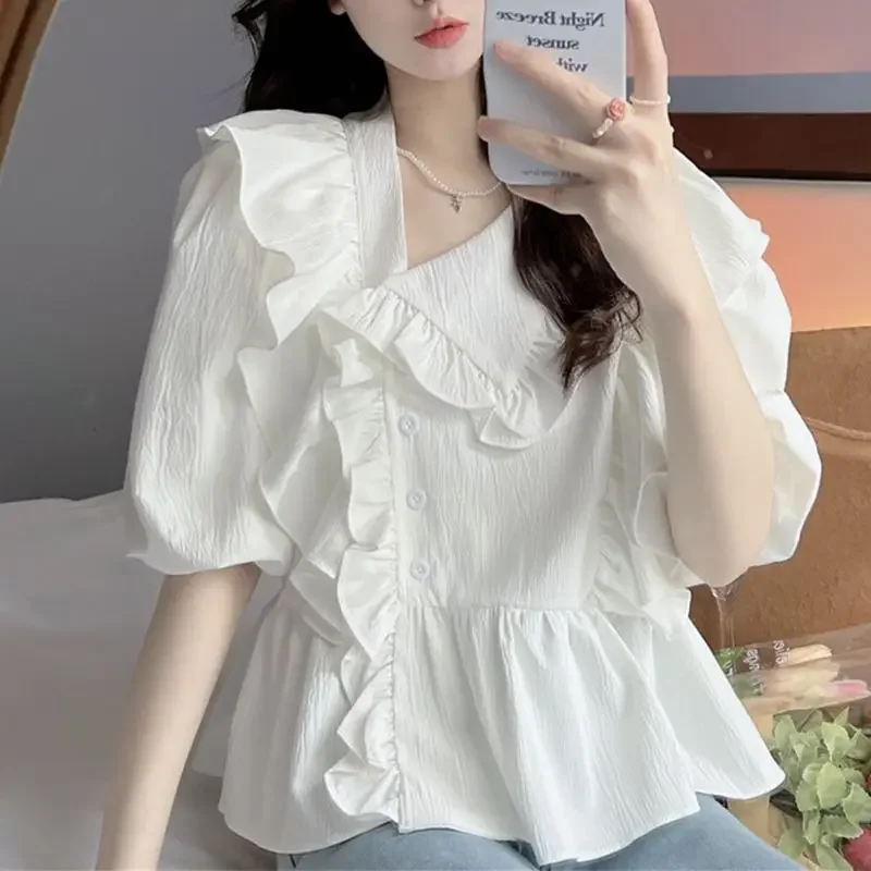 

Summer French Fashion Diagonal Collar Irregular Ruffle Edge Panel Button Short Sleeve Versatile Women's Solid Color Shirt Z646