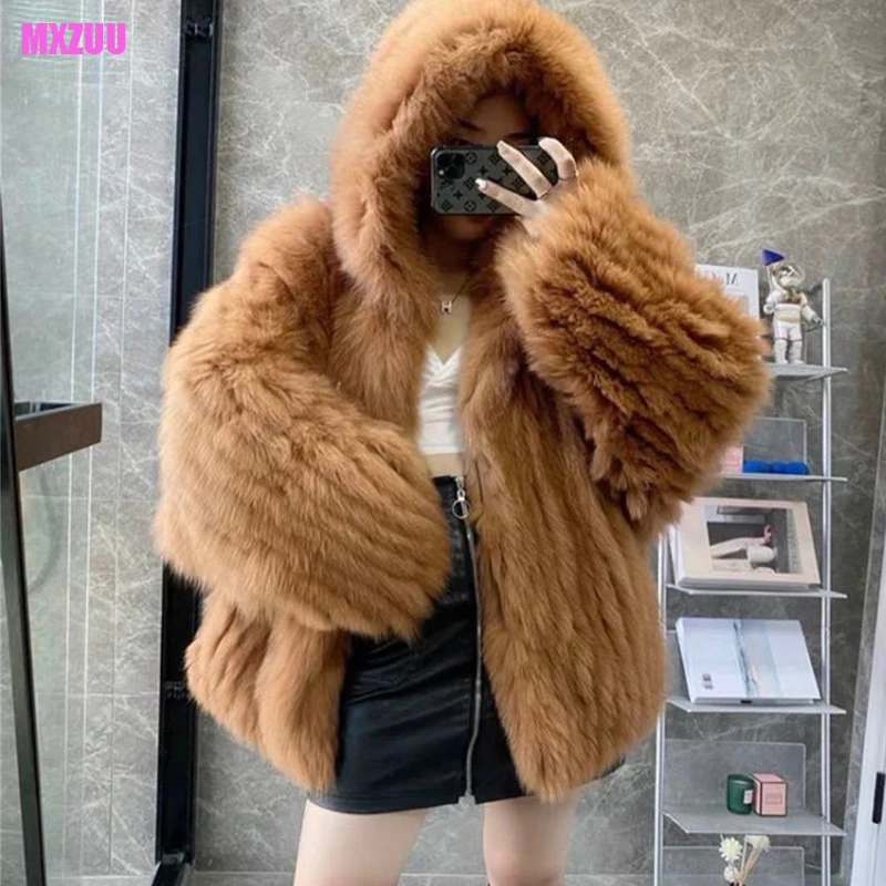 

Winter Clothes Women Korean Fashion Double-Sided Woven Stripes Hooded Fox Fur Coat Bat Sleeved Loose Oversize Warm Down Jackets