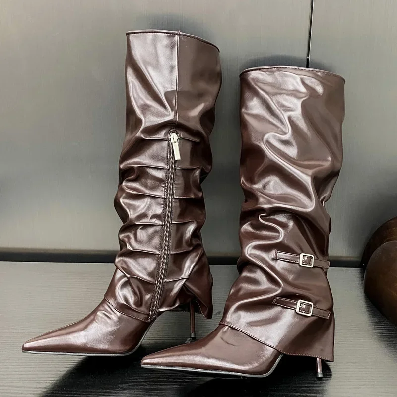 

Eilyken New Design Pleated Buckle Ankle Boots Women Pointed Toe Thin Heels High Quality Zipper Autumn Winter Shoes