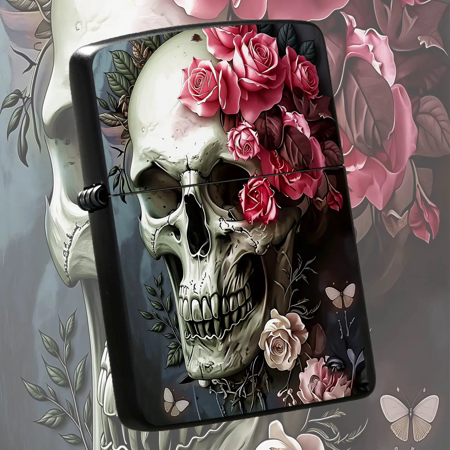 Vintage Dark Aesthetic Skull Rose Pattern Lighter, Artistic Floral Skull Decor Portable Igniter, Stylish Practical Daily Carry Accessory, Ideal Gift for All Occasions, Unique Gothic Aesthetic High Gloss Exquisite Craftsm A Humorous And Inte