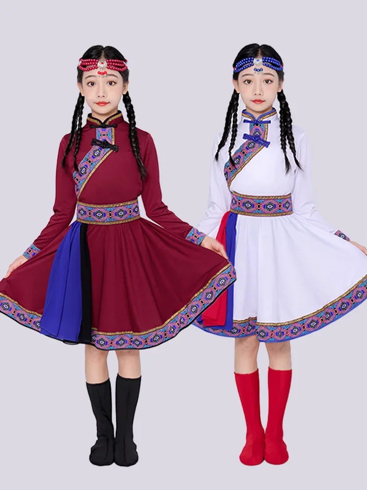 2024 New children Mongolian costume chopsticks white horse dance performance costume top bowl dance national dance dress girl