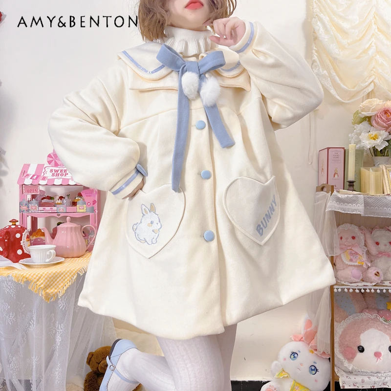 Plus Size Lolita Coats Sweet Cute Doll Collar Cartoon Printed Wool Coat Lace-up Bow Lantern Sleeve Winter Coat Kawaii Women Coat