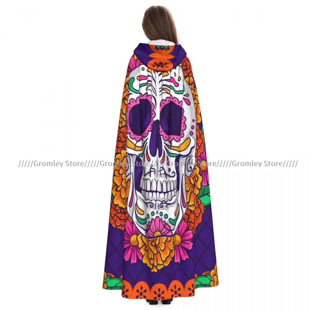 Adult Dia De Muertos Illustration Cloak Cape Hooded Medieval Costume Witch Wicca Vampire Halloween Costume Dress Coat