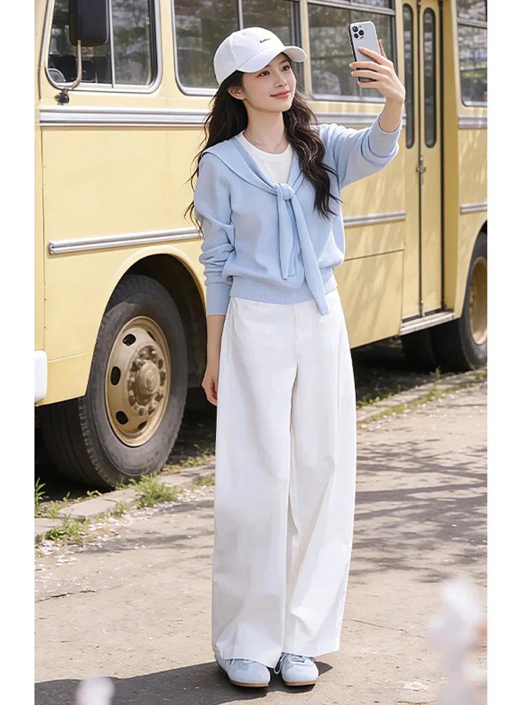 

Blue Whale Song Early Spring Casual Fashionable Women's Knitted Sweater Set High Waist Long Pants round Neck Summer Outfit