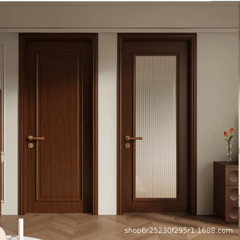 

Mofan French retro medieval style bedroom room solid wood door interior paint walnut glass swing door