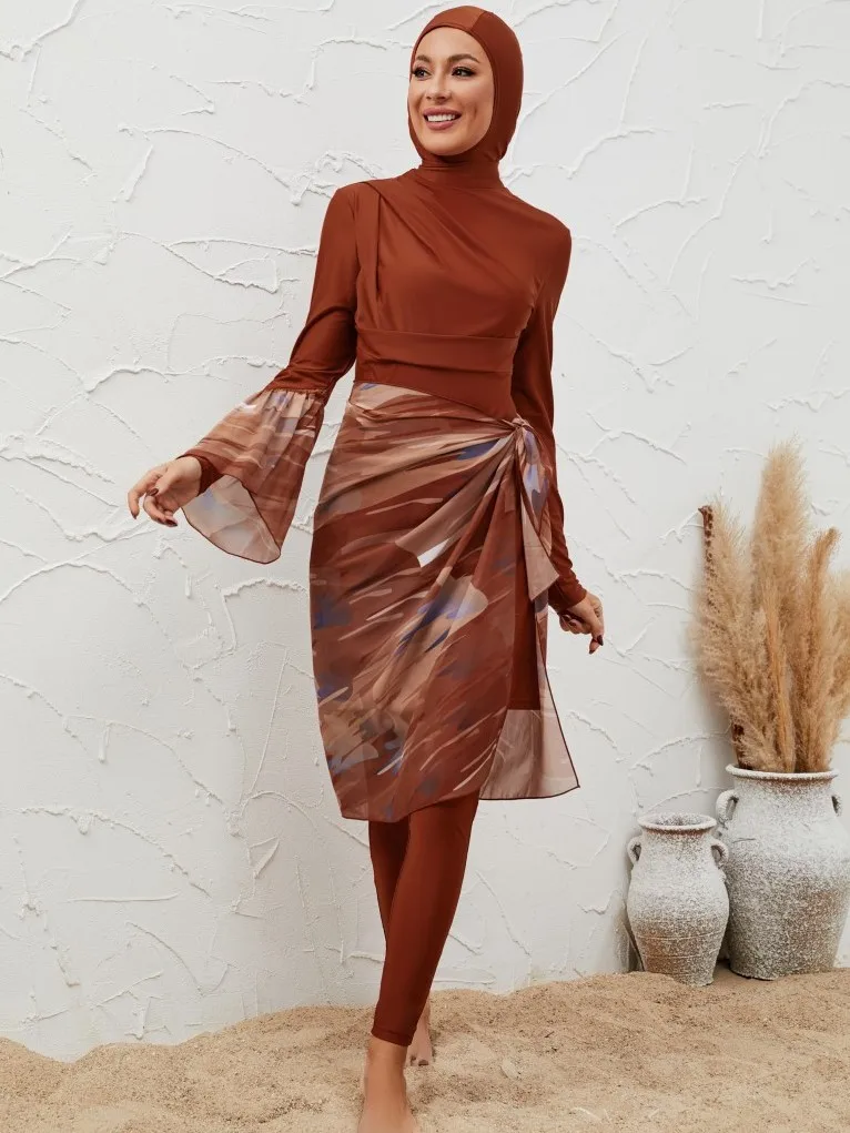 

Muslim Islamic women's casual swimsuit four piece set swimsuit round neck conservative style orange dress high waisted pants