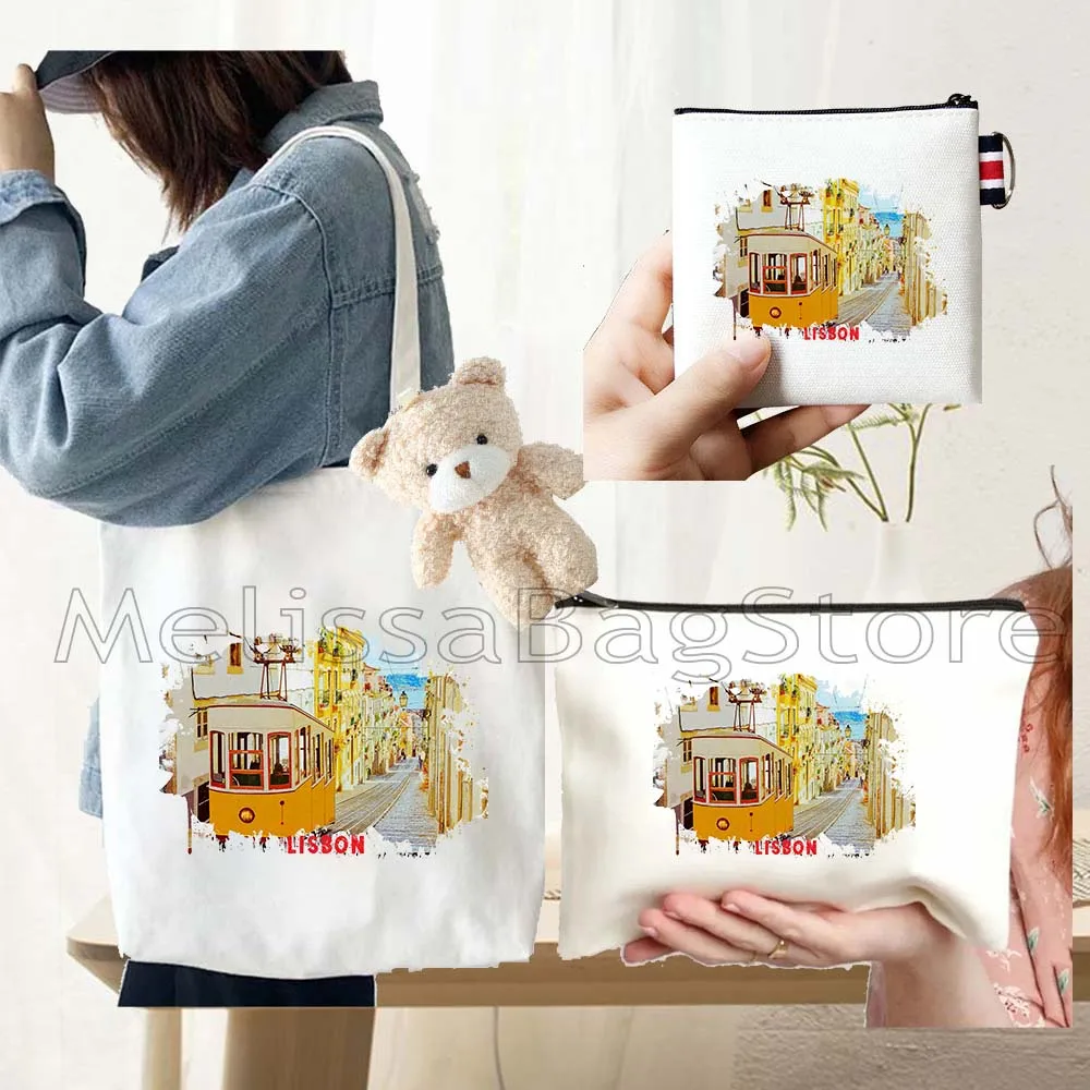 4PCS Gifts Set lisbon Portugal White Canvas Tote Bag Handbag with Doll Key Coin Purse Cosmetic Makeup Toilet Bag Case Pouch