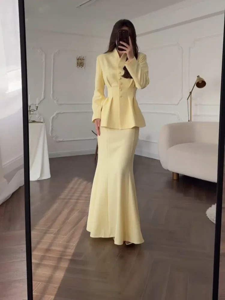 

Leosoxs Комплекты из двух предметов Женские наряды Тонкие топы с длинными рукавами Элегантные винтажные юбки «рыбий хвост» Весенне-осенние новые розовые комплекты юбок