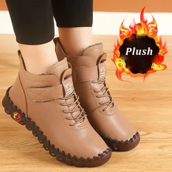 Big Size 43 Brown Boots Woman High Top Oxford Sneakers Handmade Stitch Women's Leather Fur Ankle Boots Ladies Winter Plush Shoes