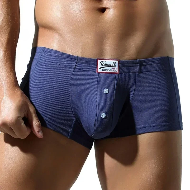 Ribbed Cotton Boxy Underwear for Men Sexy U Convex Pouch Boxer Briefs Low Rise U Convex Pouch Buttons Sewat Absorp Sports Pantie