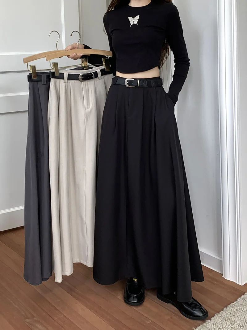 3Colors S-XL Autumn Female New Long Suit Skirts 2023 Women High Waist Ball Grown Maxi A Line Skirt Female+belt (L5150)