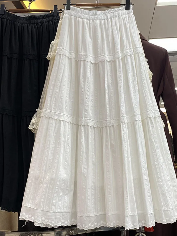 

Юбка миди с высокой талией, кружевными вставками и оборками, летняя, многоярусная, А-силуэт, корейский стиль, для офиса, стройнящая, облегающая фигуру