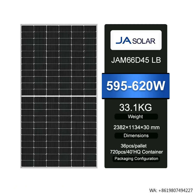 Panel Solar JA de Bajo MOQ, Módulos Fotovoltaicos de Doble Vidrio, 600W, 132 Celdas, Bifacial, Tipo N, Longi, Jinko, Trina