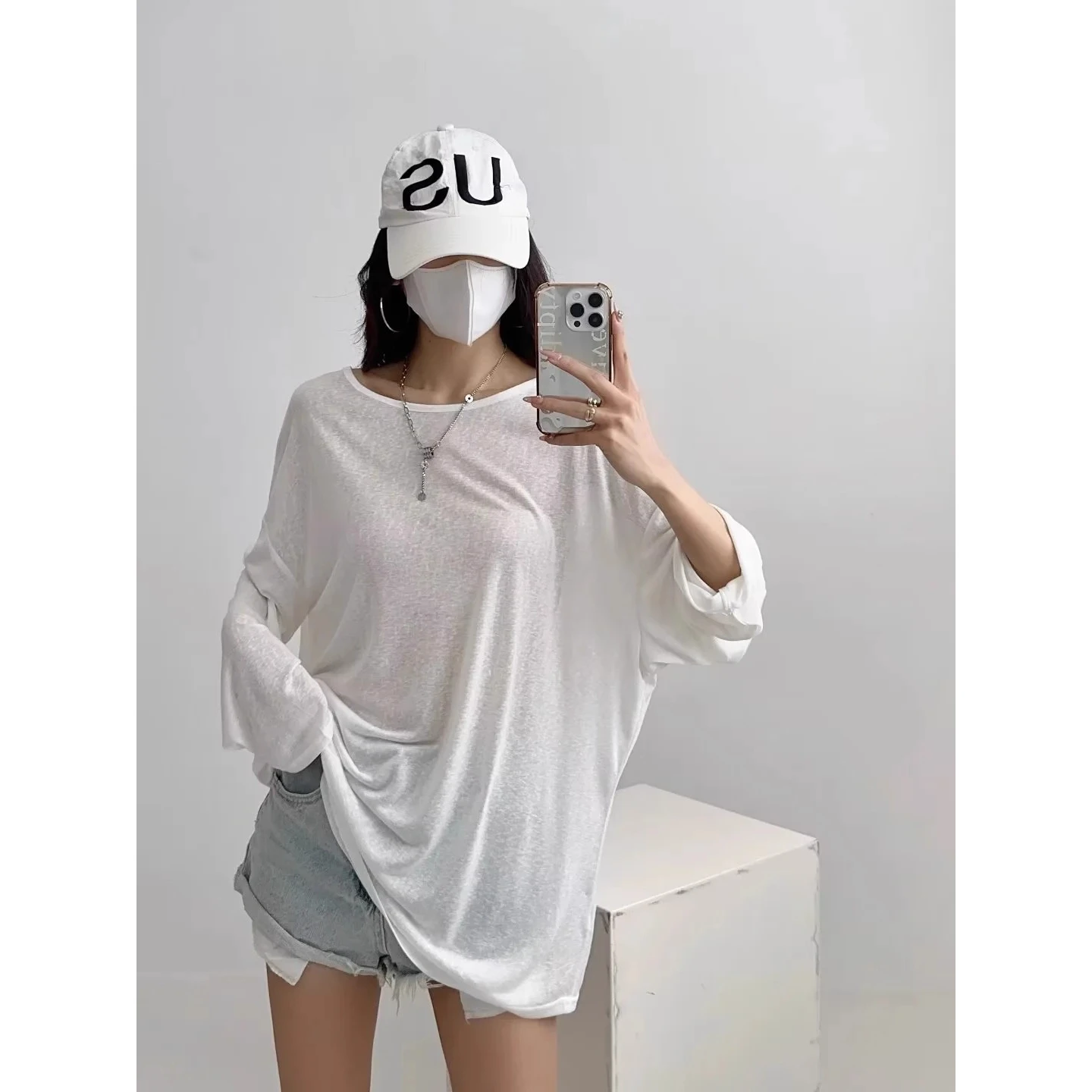 Loose Long Sleeve Jazz Dance Top Women's Bottoming Shirt UV Protection Transparent Design Lazy Style Female T-shirt