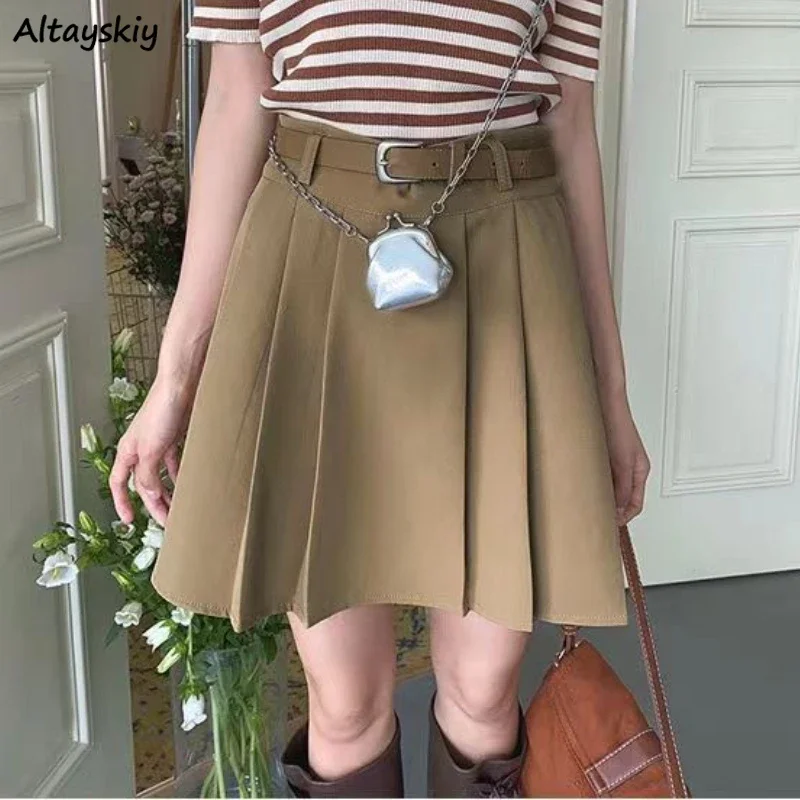 

Pleated Skirts Women Preppy Style Solid Mini Tender Casual Y2k Girls Ulzzang Fashion Belt Summer Classic High Waist Streetwear