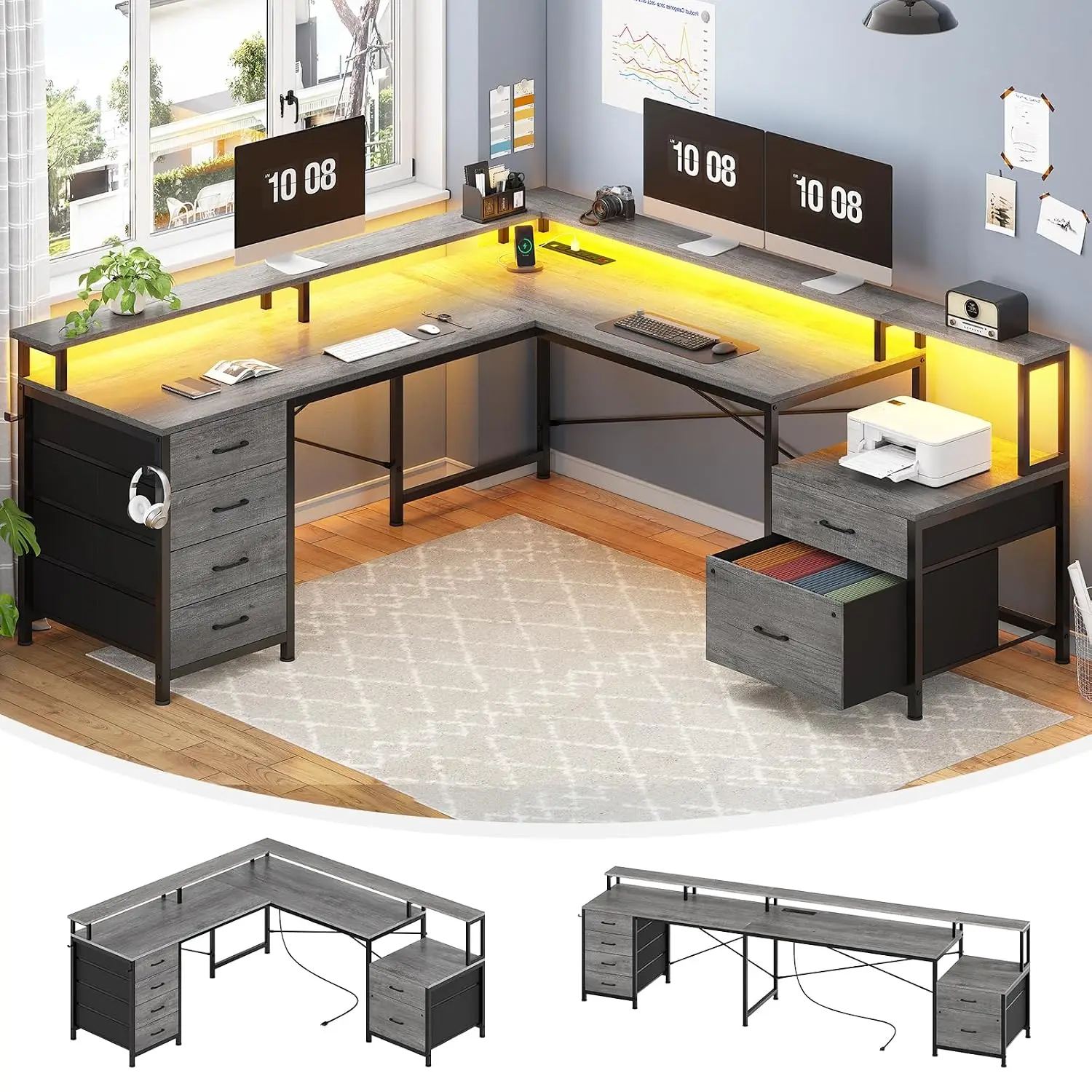L Shaped Computer Desk with 6 Drawer, File Drawer & Power Outlet | 108
