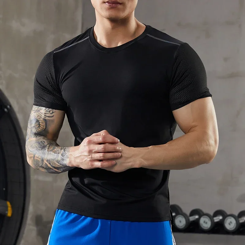 Summer Fitness T-Shirt Men Hiking Cycling Breathable Slim Fit Top Basketball Football Short Sleeve Outdoor Running Quick Dry Tee