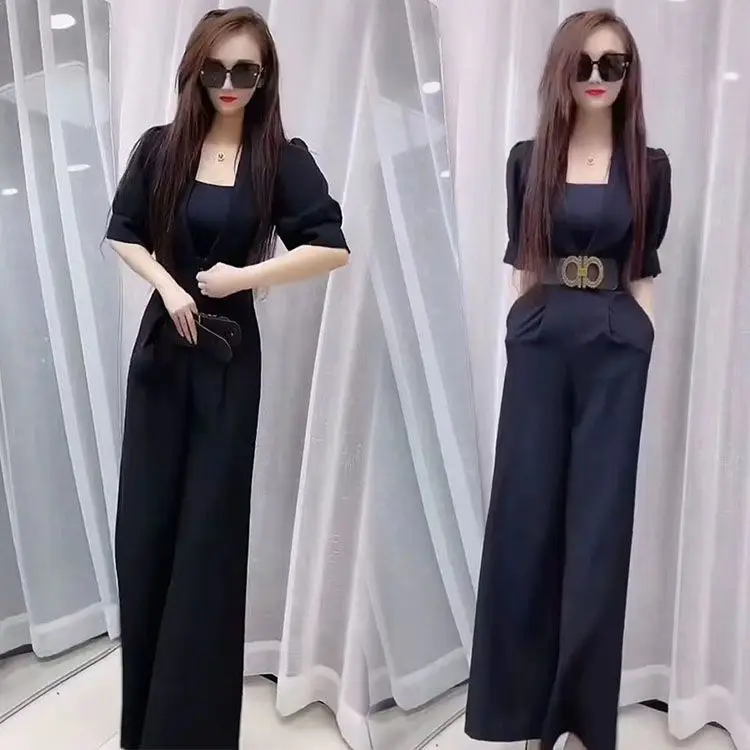 

New High End Chiffon Thin Jumpsuit Women Summer Fashion Suit Collar Puff Sleeve Slim Elegant Office Lady Wide Leg Pants Jumpsuit