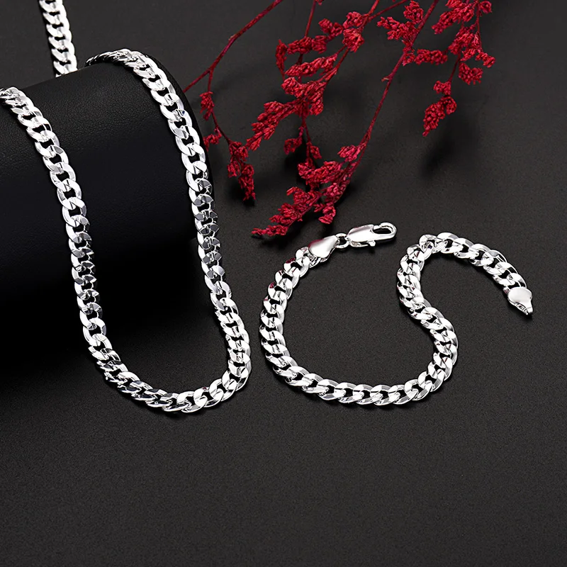 Fine Silver color Creative 7MM Chain bracelets neckalces jewelry set for man women fashion Party wedding accessories gift