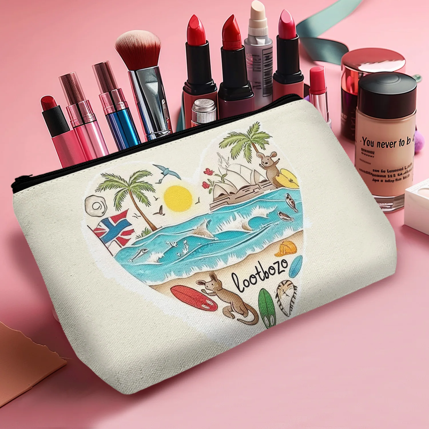 1Pc Chic Australian Themed Makeup Storage Bag Lightweight Zippered Cosmetic Pouch With Fashionable Prints Beach 8.66x5.51Inch