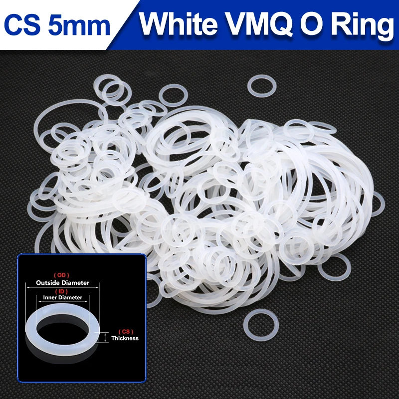 White Food Grade VMQ Ring O-ring Gasket Thickness CS 5mm OD 15mm ~ 155mm Waterproof Washer Rubber Silicon ring Sealing 5/10Pcs