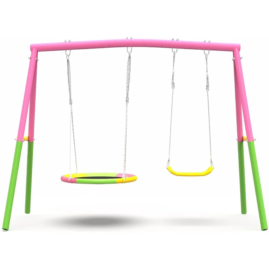 

Backyard Swing Set with Heavy Duty Metal Stand for Outdoor Play Includes 1 Saucer 32 1 Belt Seat 26.2 Supports Up to 440lbs Pin