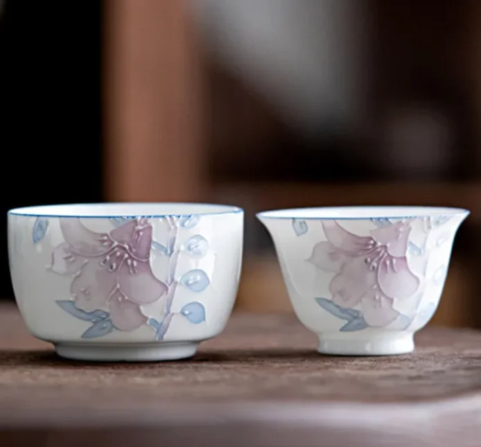 Relief Flowers Tea Cup  Hand-painted Ceramic Three-dimensional Tea Bowl Home Porcelain Tea Set Pu'er Master Cup