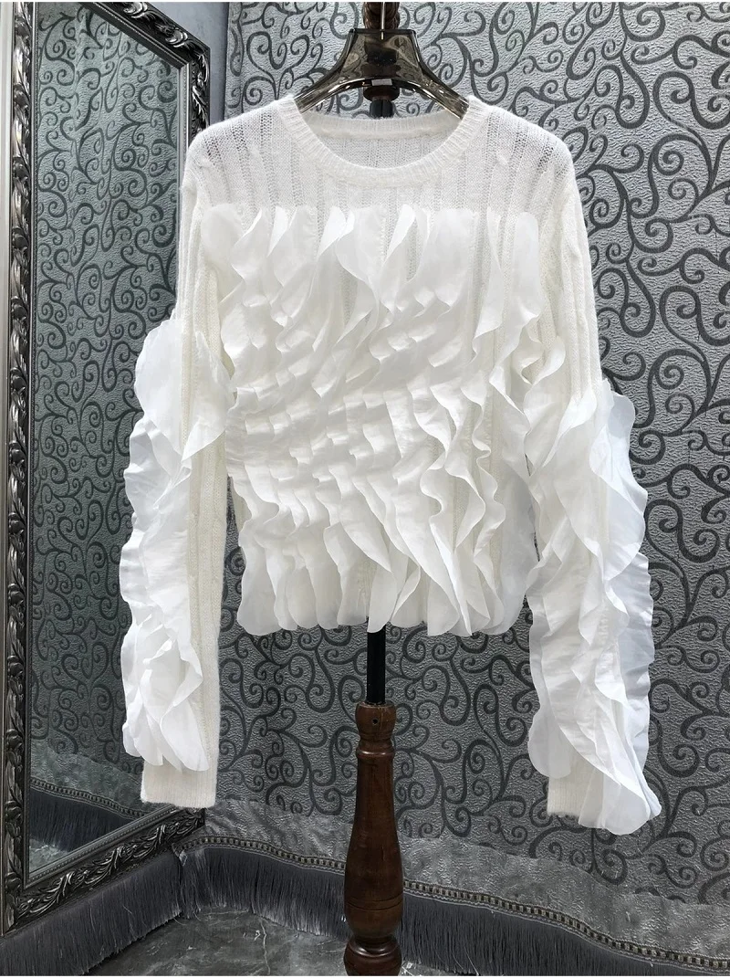 High Quality New Sweaters 2024 Autumn Winter Jumpers Ladies Ruffle Flower Knitted Long Sleeve Wine Red White Black Soft Jumper