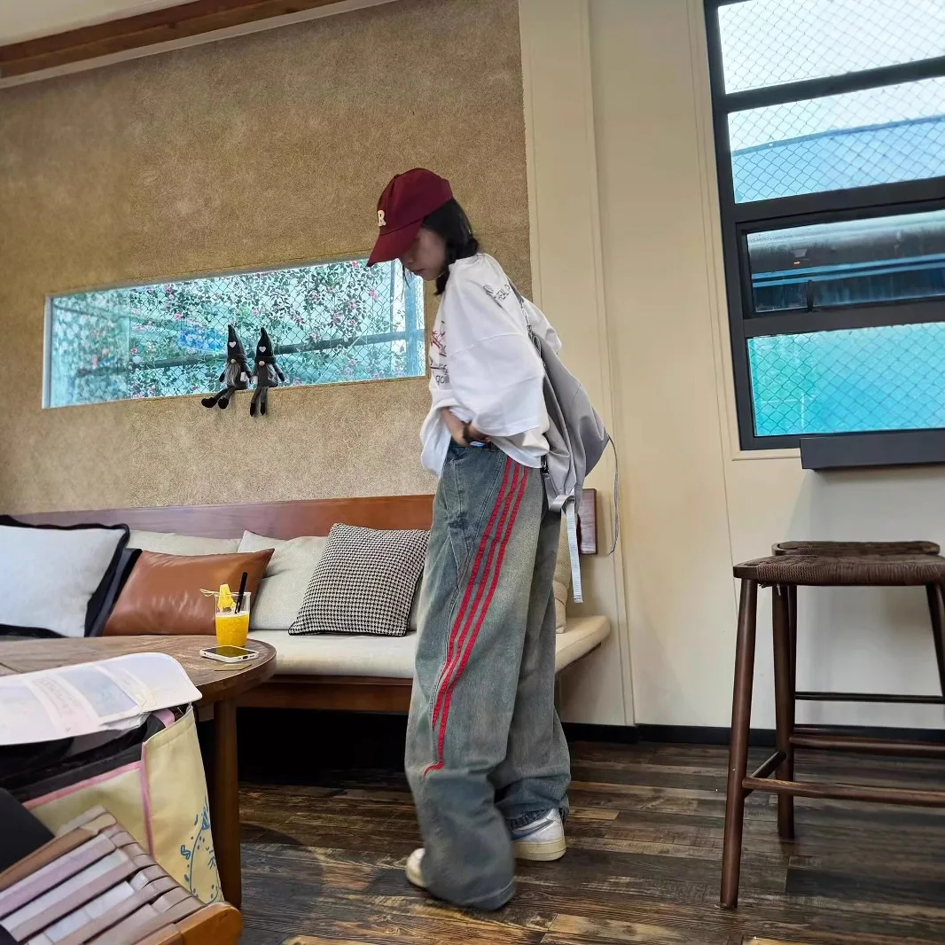 Retro jeans straight leg striped patchwork fashionable couple wide leg pants