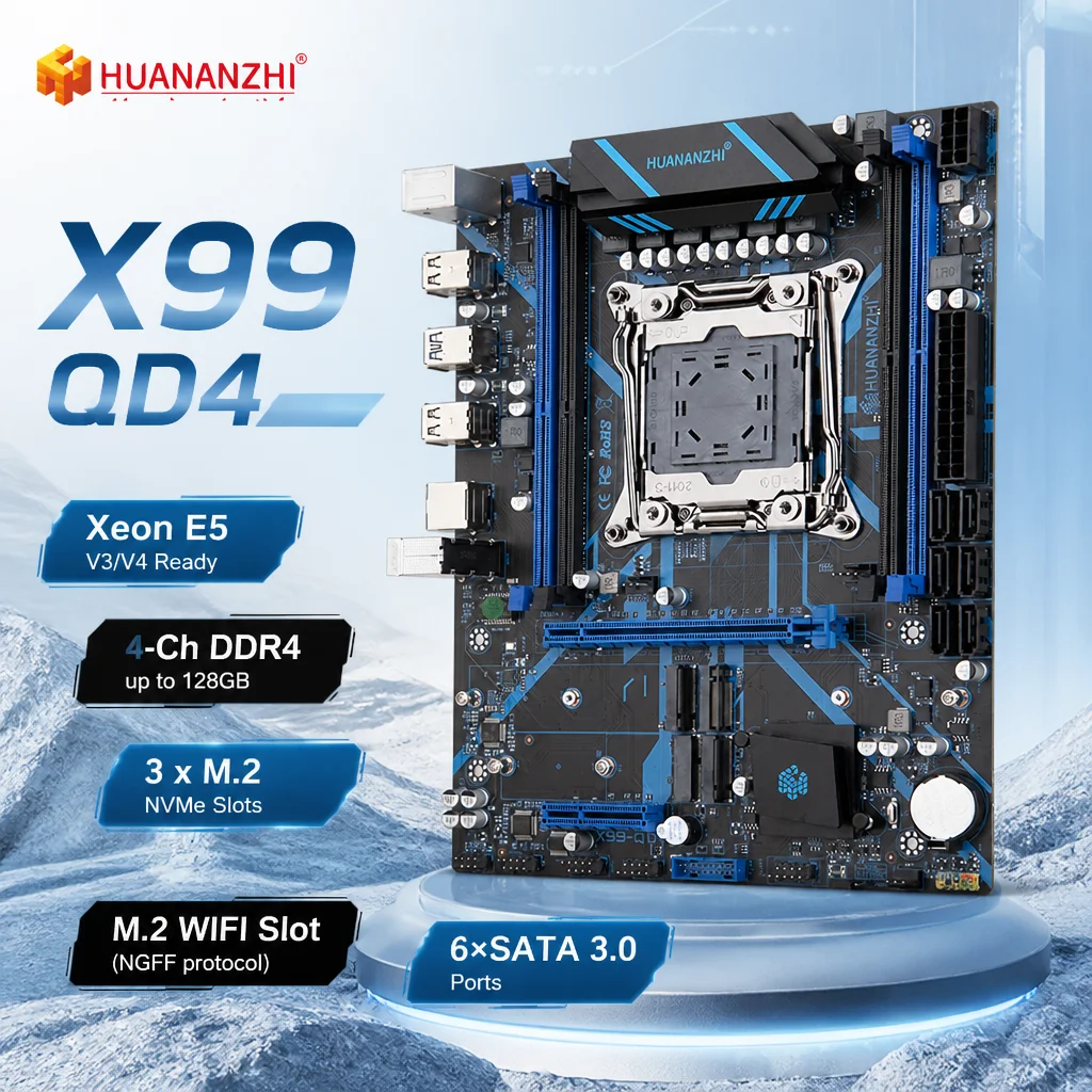 HUANANZHI X99 QD4 LGA2011-3 Motherboard for Intel Xeon E5 V3 V4 CPU Combo M.2 NVMe SATA DDR4 PCIe USB 3.0 ATX Server Workstation