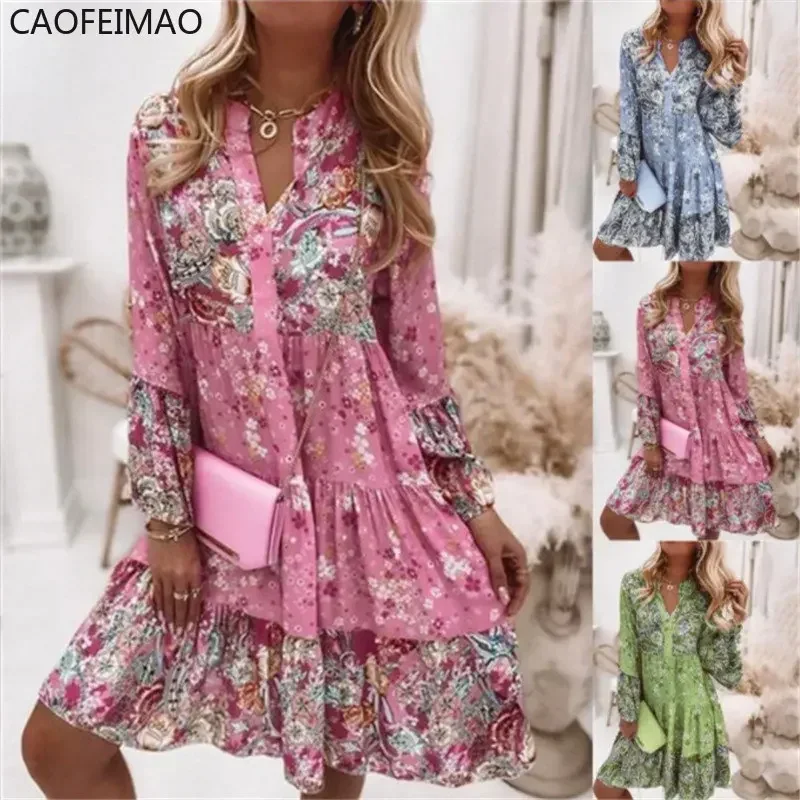 2023 Primavera Oversize Stampa A-line Abito da donna Elegante pieghettato Manica lunga Abiti casual Moda femminile Spiaggia Abiti da donna