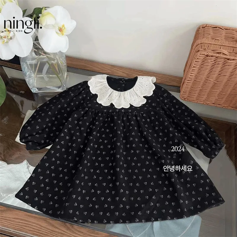 

NL-Girls' New Autumn Mori Dress Girls' Retro Cute Floral Lace round Neck Princess Dress