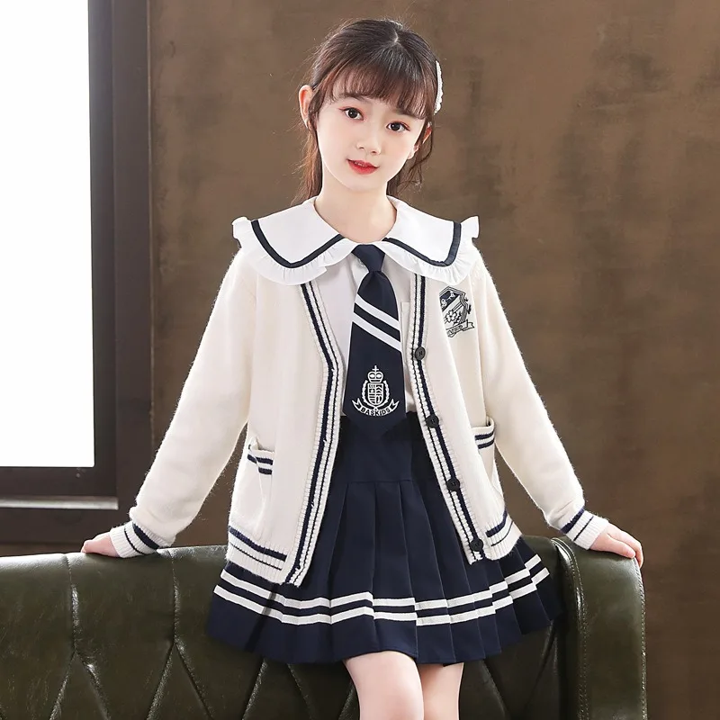 UNITIM Preppy Autumn Kids Girls 2/3Pcs Set 4-14Y Girls Peter Pan Shirts+pleated Skirt Cardigan Teens Girl Knit Sweater Jk Outfit
